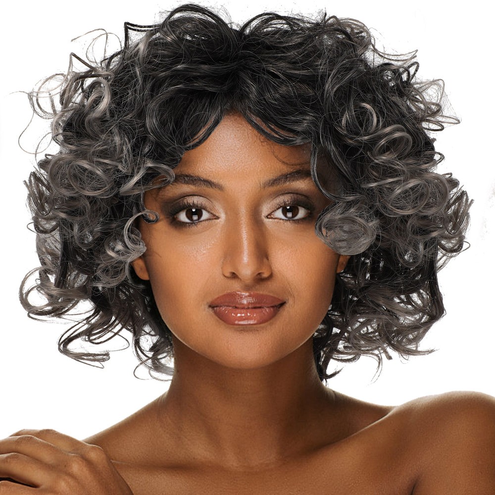 Short Curly Afro Wig for Men in Black and Gray Spiral Cosplay