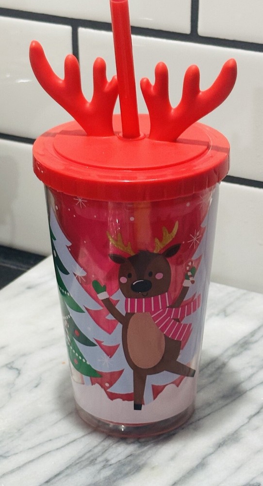 Portable Straw Cup With Lid Elk Shaped Cup Reusable Travel Mug Christmas
