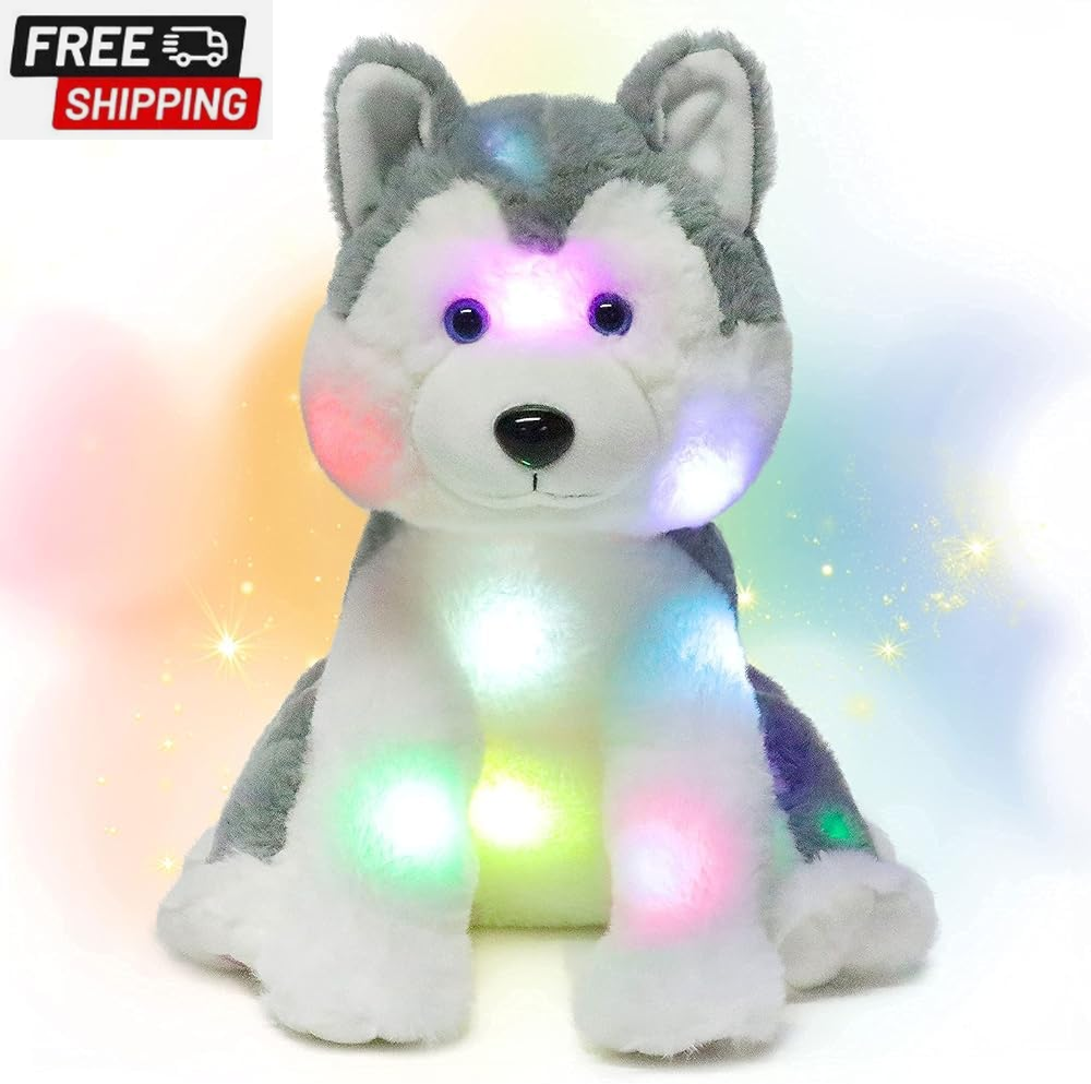 LED Plush Husky Light up Stuffed Animal Dog Floppy Puppy Night Lights Glow in th