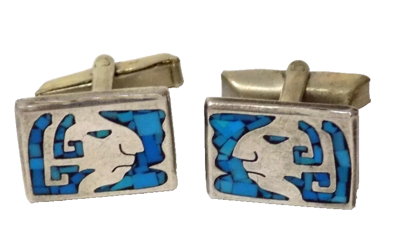Mexican Sterling Cufflinks Maya Aztec Profile Inlaid Turquoise