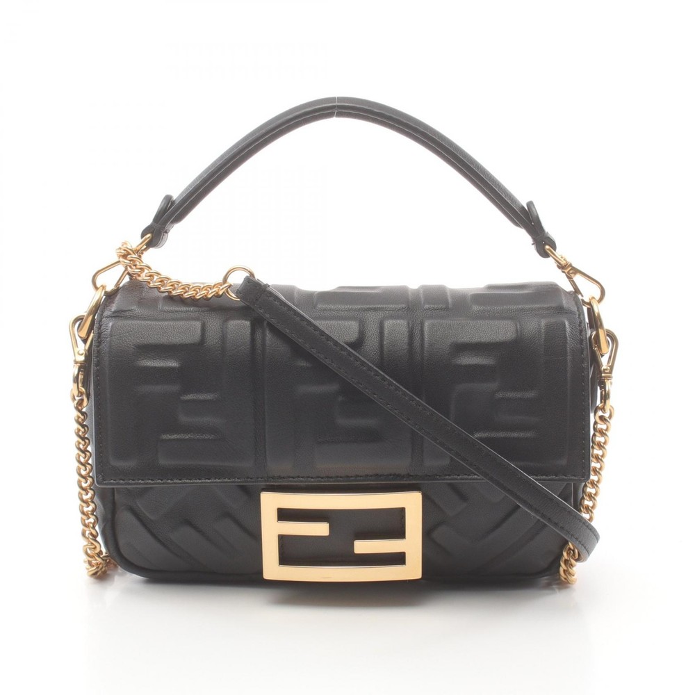 FENDI Mini Baguette Leather Shoulder Bag 2way Black 8BS017 Pre-Owned