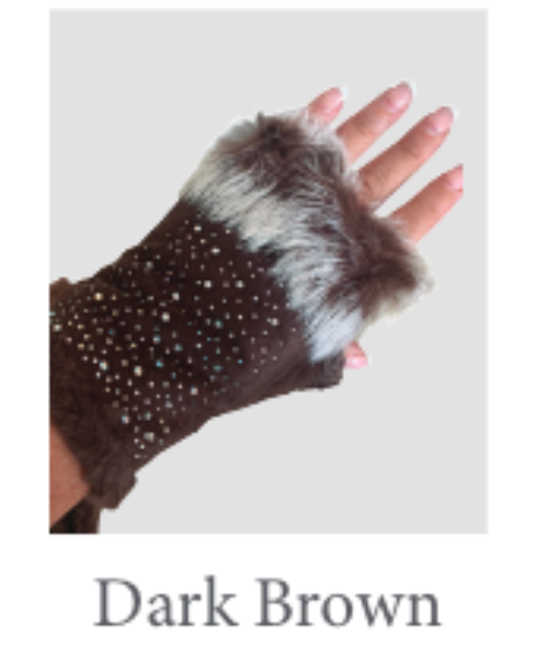 Dark Brown or White Rhinestone Studded Faux Fur Fingerless Gloves