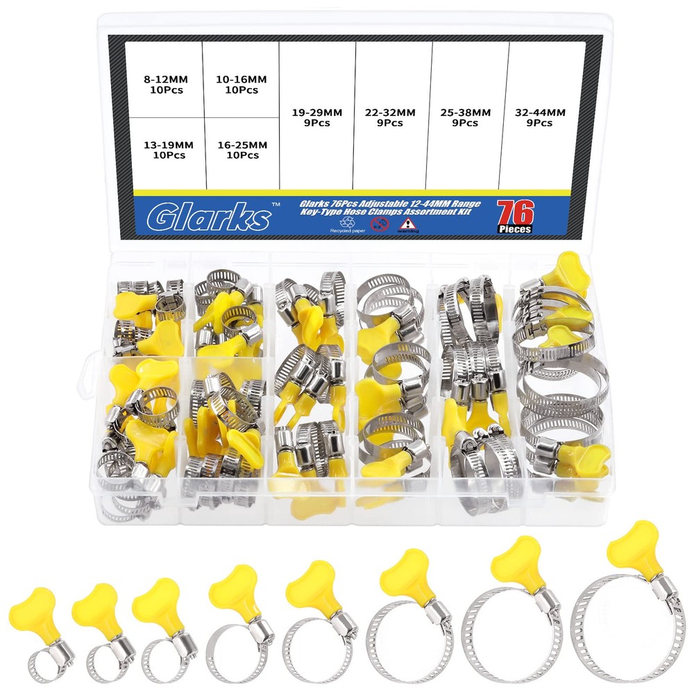 76Pcs Adjustable 8-44MM Stainless Steel Hose Clamp Assortment Kit with Key-Type Tightening