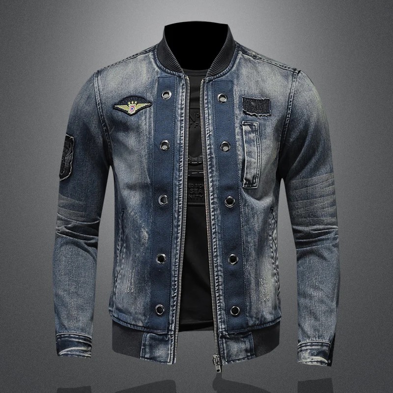 Men's Slim Fit Denim Bomber Jacket Tactical Vintage Washed Casual Zipper Coat