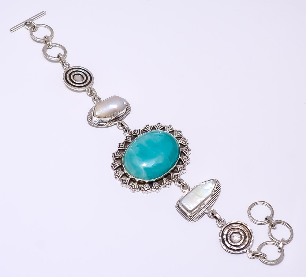 Amazonite - Russia & Biwa Pearl 925 Sterling Silver Bracelet 7-8.99