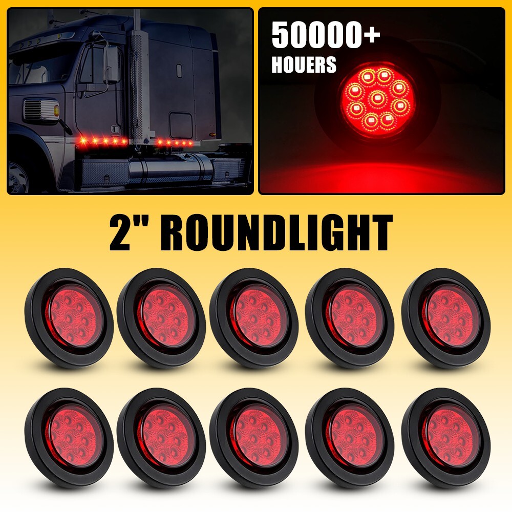 10x 2 Inch DOT Red Round 9 LED Trailer Marker Lights with Grommet for Trucks and RVs
