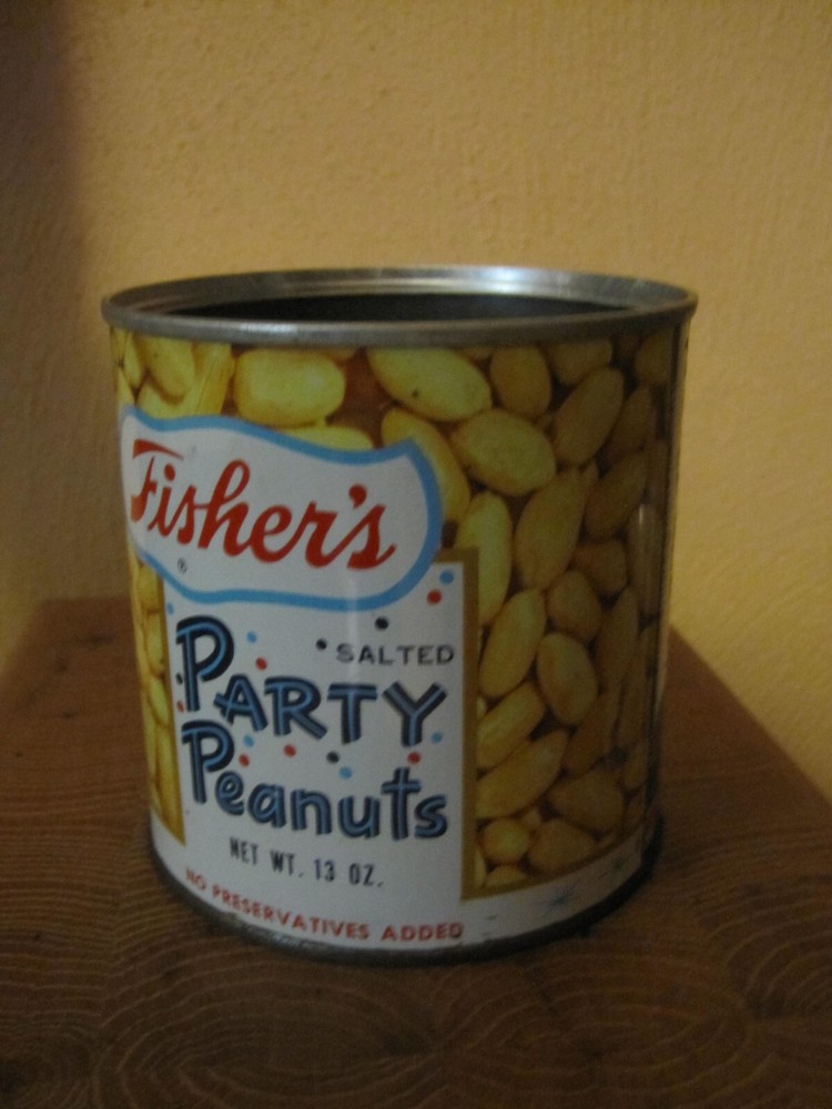 Vintage 13 oz. Fisher’s Party Peanuts Empty Metal Can, Great Graphics,No Lid