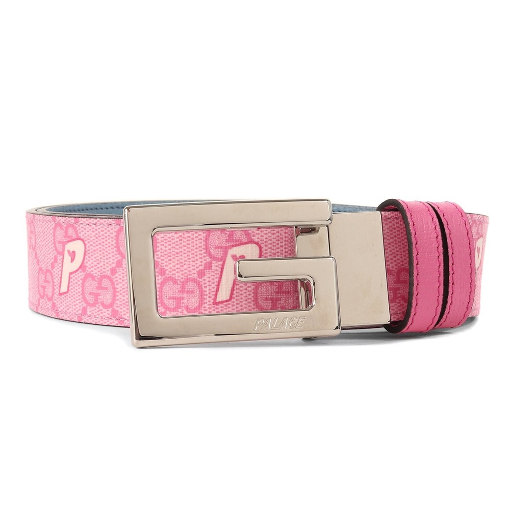 GUCCI GG Supreme Reversible Leather Belt in Pale Pink & Blue with Square Buckle