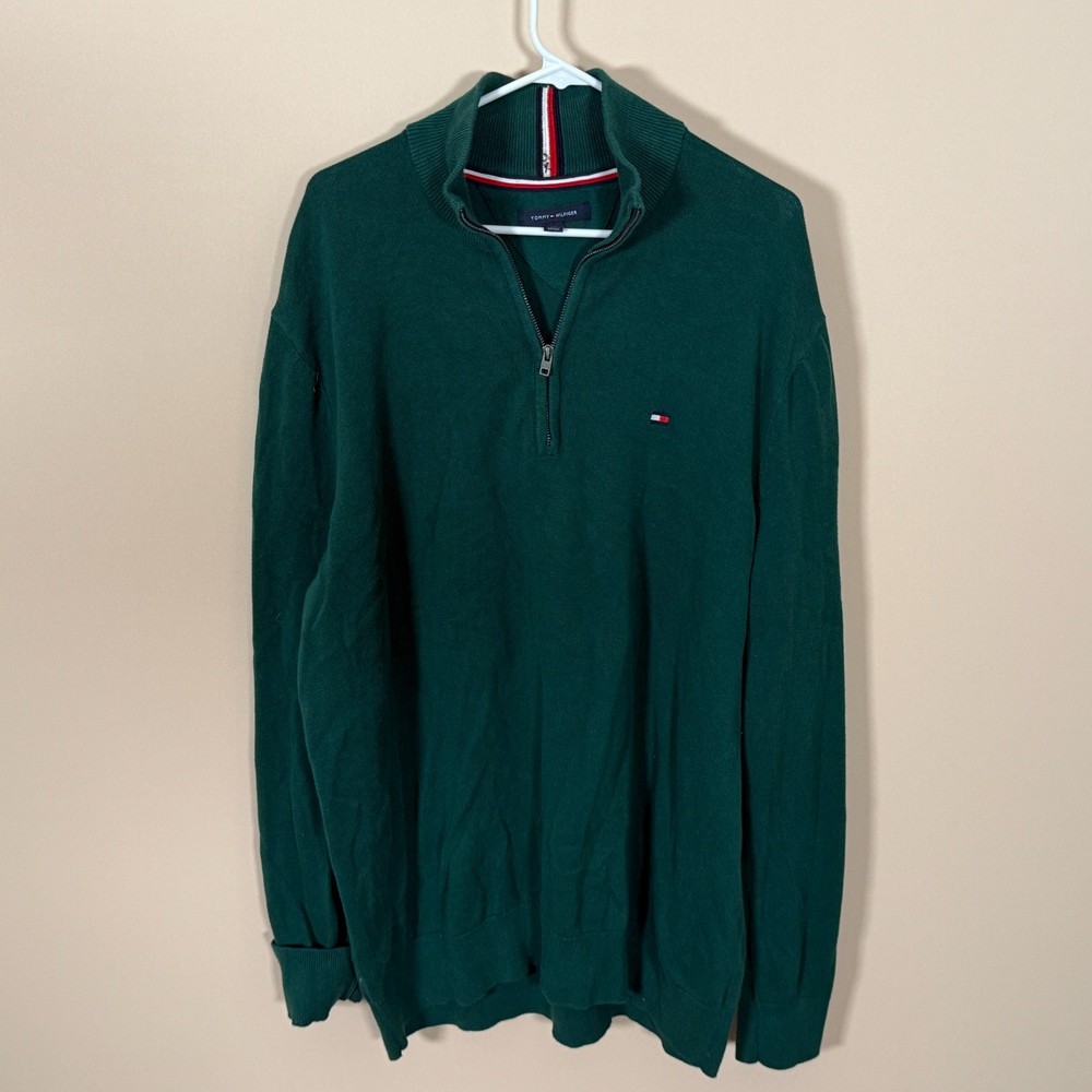 Tommy Hilfiger Forest Green 1/4 Zip Pullover Sweater Men's Size XL Tall XLT