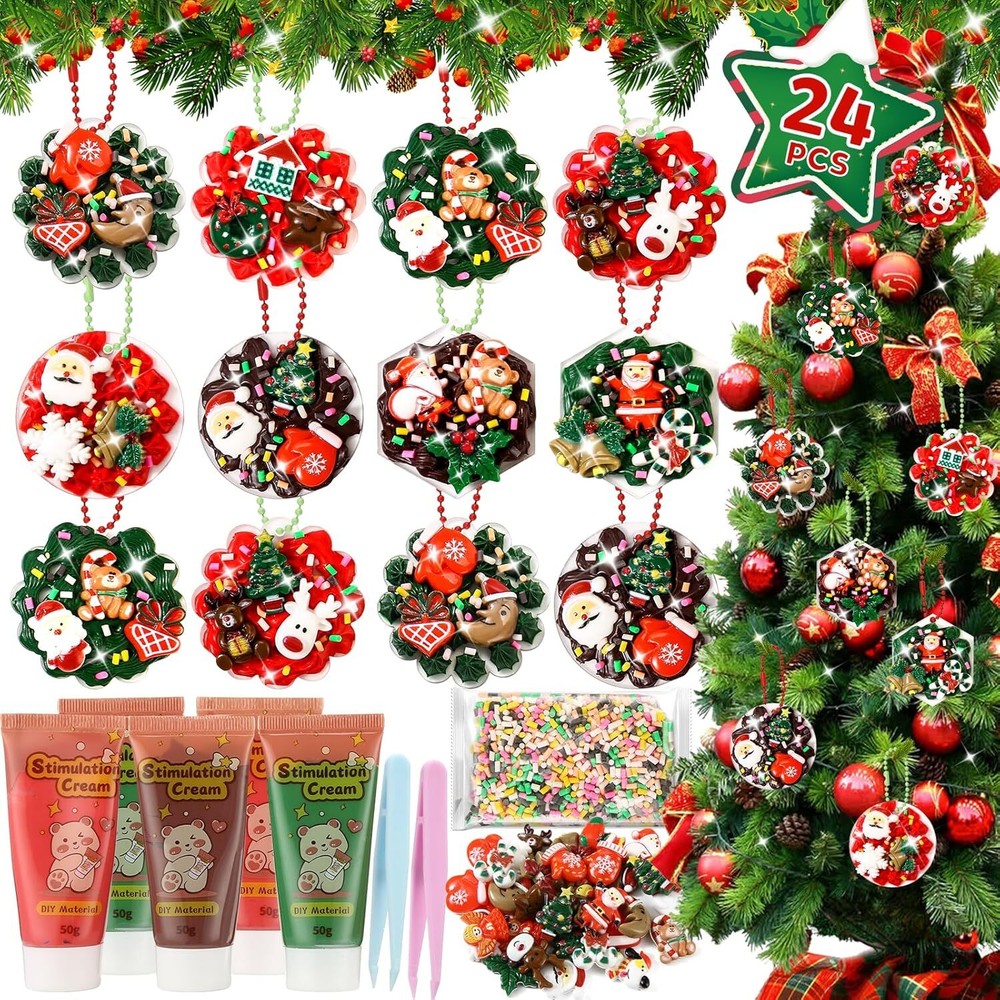 24PCS Christmas Crafts for Kids, DIY Guka Keychain Making Kit with Christmas Orn