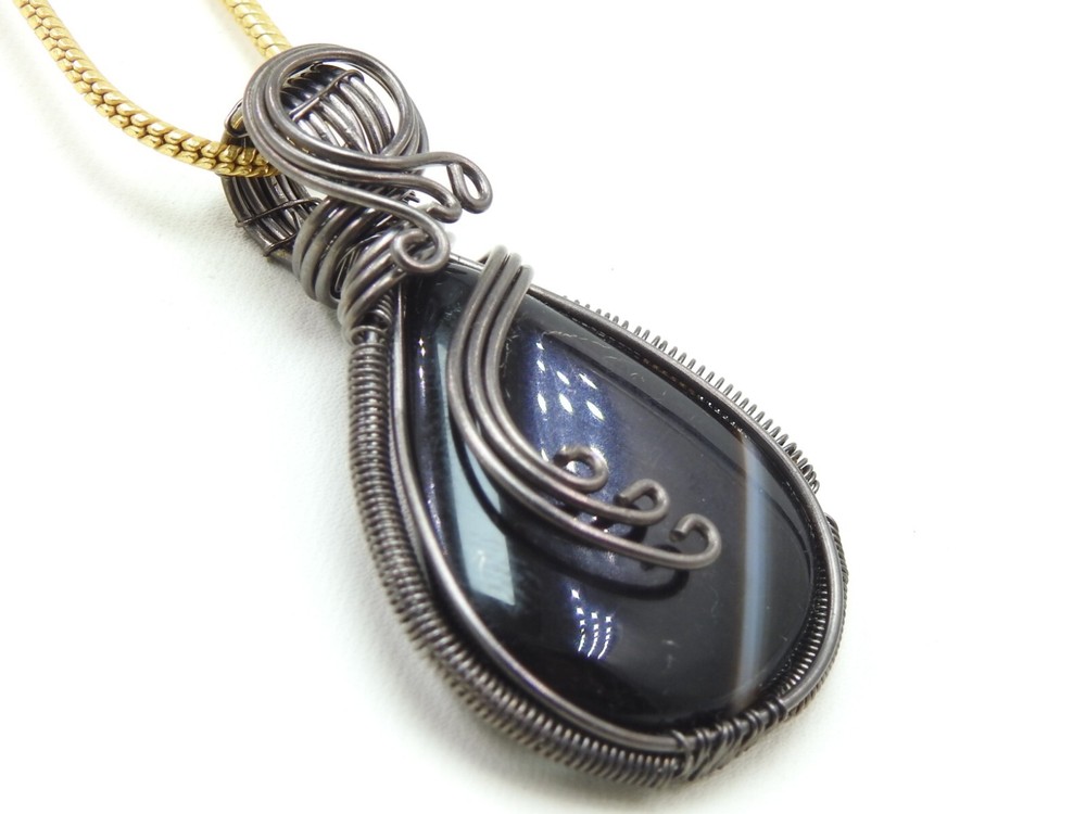 Black Strip Agate Brass Pendant Silver Oxidised Polished Wire Wrapped Jewelry