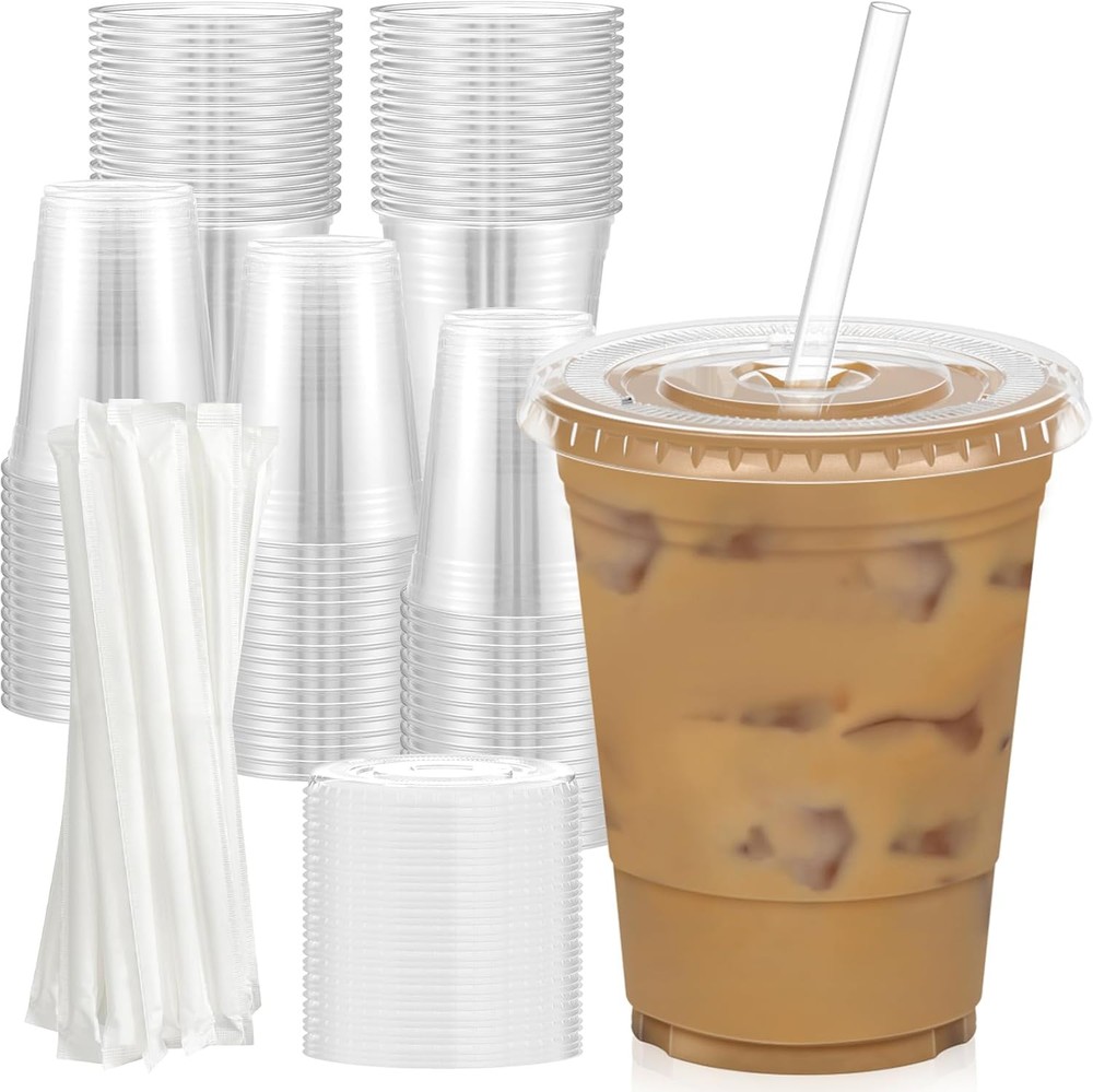 100 Pack - 16 oz Clear Plastic Cups with Lids & Straws, Durable Party Drinkware