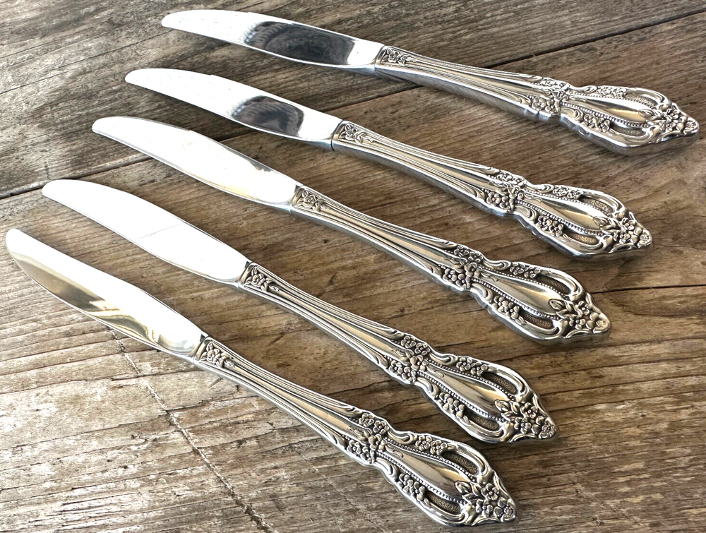 5 Modern Hollow Stainless Floral Dinner Knives by Oneida Raphael 9