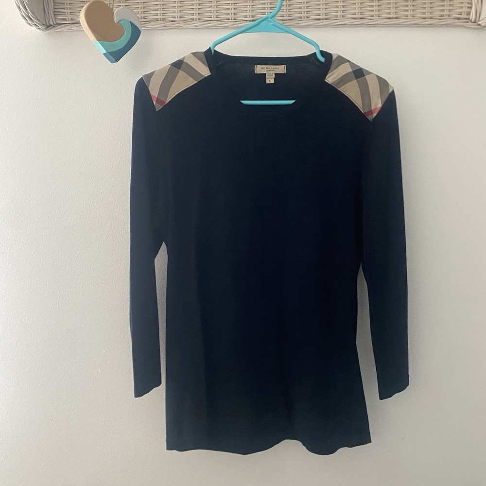 Burberry Women's Black Cotton Blend 3/4 Sleeves Check Shoulder Top, Sz Large