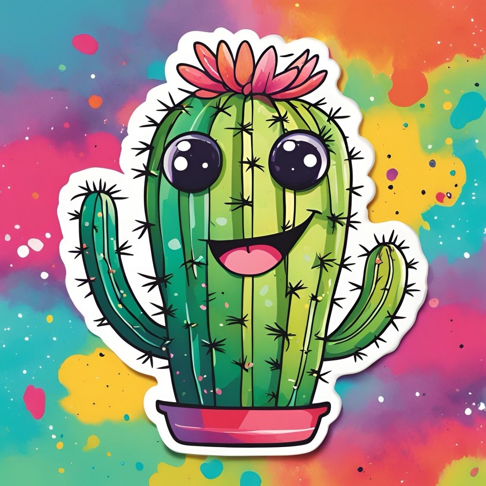 3x1.6” Happy Colourful Cactus Cute Cartoon AMAZING STICKER!