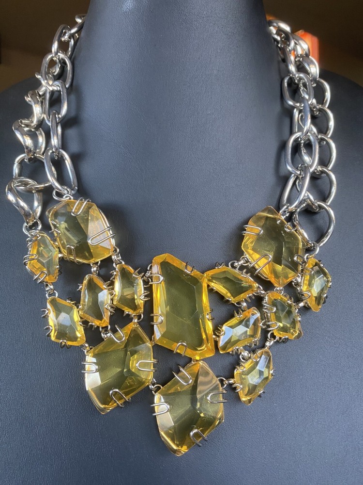 BCBGMAXAZRIA Necklace Metal Spike Bib Statement Runway Catalog Glowy Stones