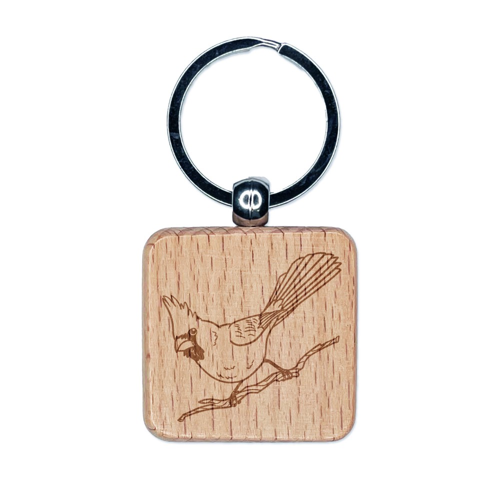Captivating Northern Cardinal Bird Engraved Wood Square Keychain Tag Charm