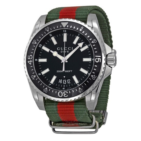 GUCCI YA136206 Dive Black Dial Men's Watch with Red Green Nylon Strap