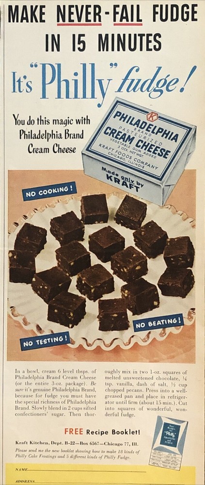 1953 Philly Cream Cheese Ad with Never-Fail Fudge Recipe - Vintage 1950s Print