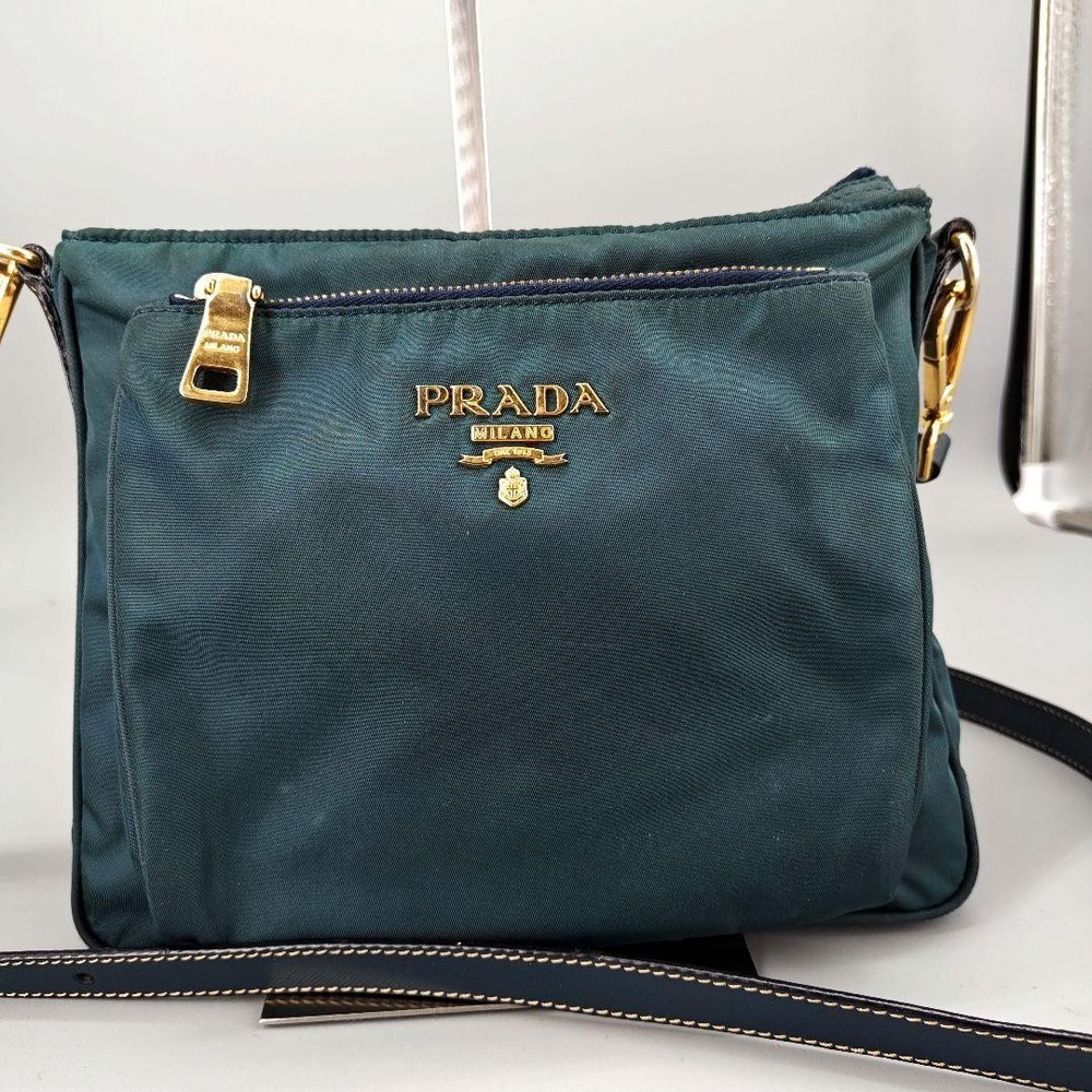 Prada Nylon Shoulder Bag with Gold Hardware and Metal Logo Italian Made