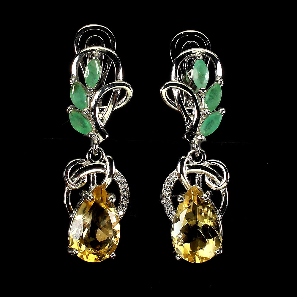 925 Sterling Silver Pear Citrine Emerald Gemstone 12x8mm Earrings Jewelry