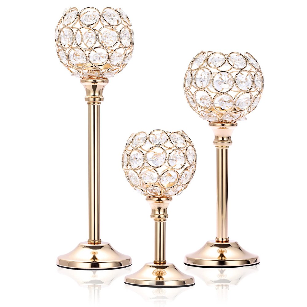Set of 3 Gold Crystal Bowl Candlestick Holders Metal Crystal Tealight Candela...