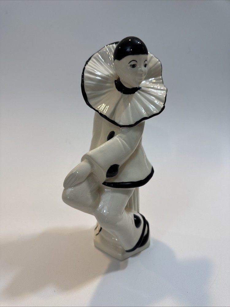 VTG Pierrot Black White Clown Harlequin Pantomime Ceramic Figurine 10 Inch
