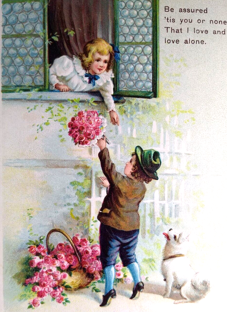 Valentine Love Postcard by Ellen Clapsaddle Featuring Children and White Dog 1837