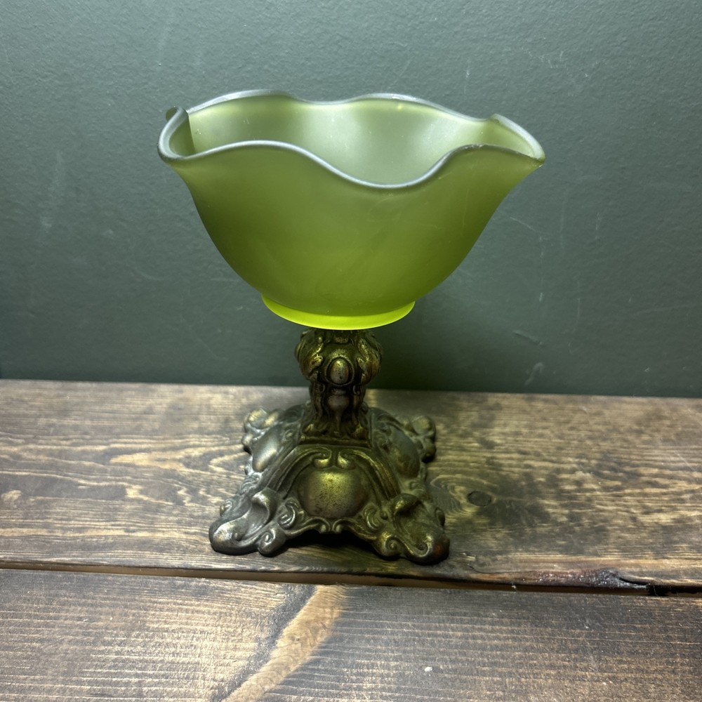 Vintage 60s Midcentury Green Frosted Glass Brass Pedestal Candy Dish 6x5 Inches