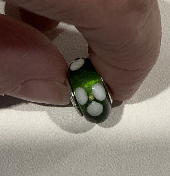 Authentic Pandora Bead Charm Murano Glass Green White Flowers Retired 790614