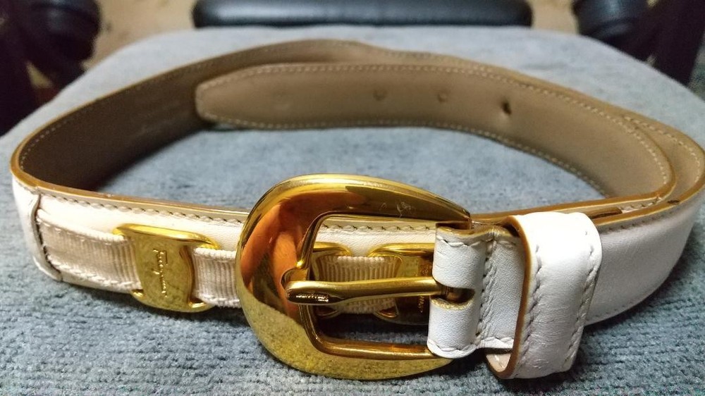 Salvatore Ferragamo White Leather Belt with Gold Buckle Authentic Luxury from Japan RIN