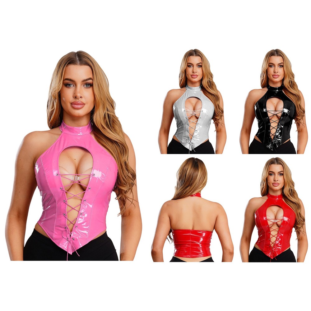 Women's Crop Top Slim Fit Bras Sexy Vest Adult Patent Leather Clubwear Tops Pvc