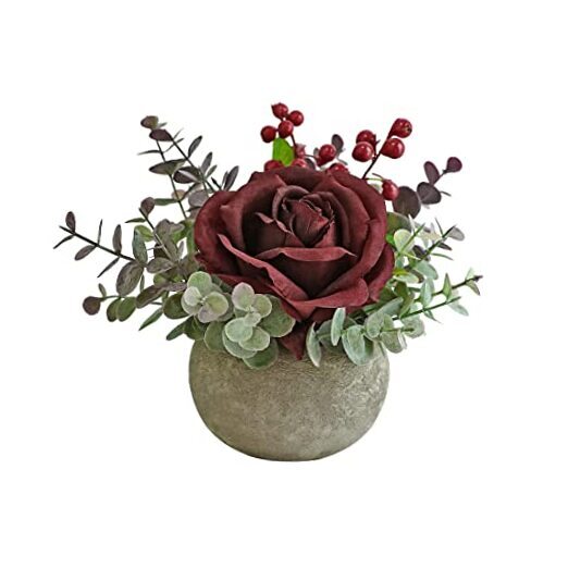 Artificial Flowers Kit with Pot, Combination of Fake Silk Red Roses Burgundy