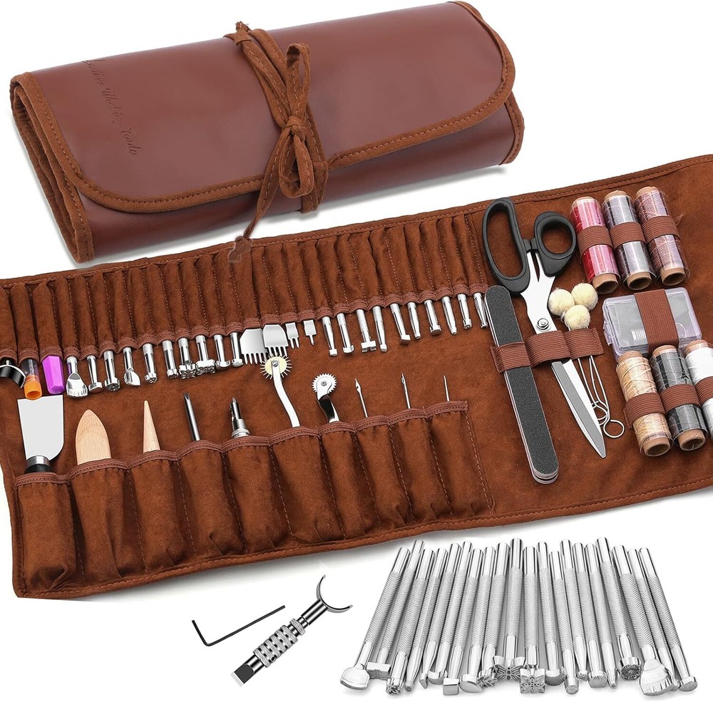 TLKKUE Leather Craft Tools Leather Working Tools Kit with Custom Storage Bag ...
