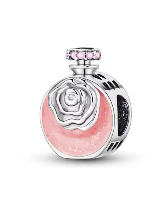 Dainty 925 Sterling Silver Pink Perfume Charm with Hearts and Flowers for Bracelet or Pendant