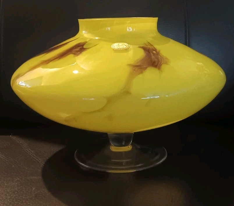 Vintage Stunning Czech Bohemian Pedestal Art Glass Vase Yellow/Brown Very Unique