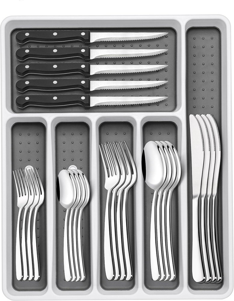 49-Piece Silverware Set with Organizer, Heavy Duty Stainless Steel Silver