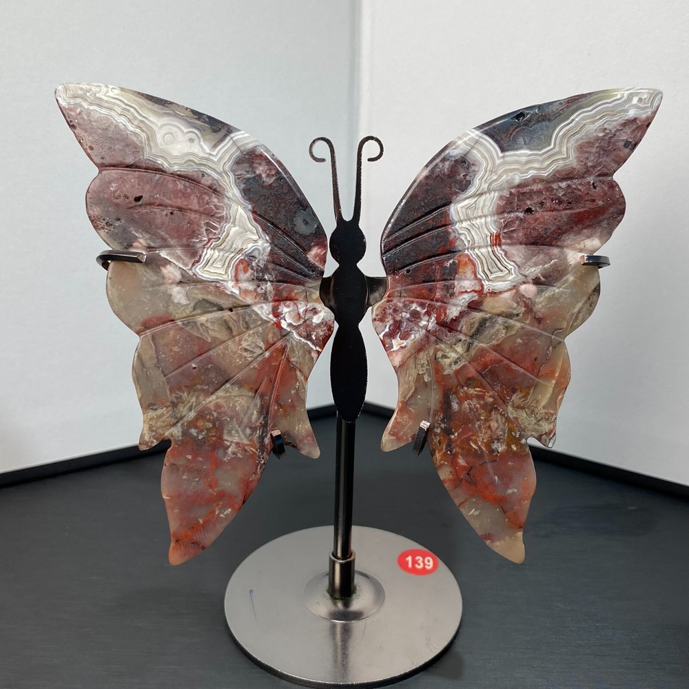 156g-Natural Crazy Agate Crystal Handmade Carving Butterfly+Bracket