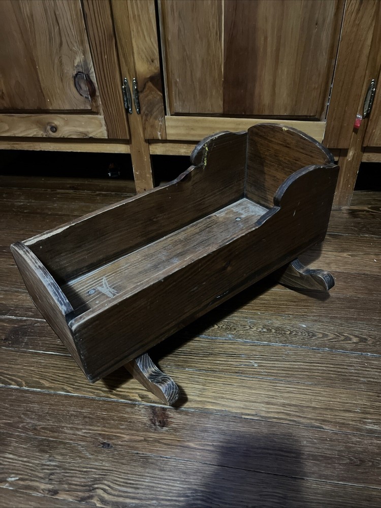 Vintage Wooden Rocking Doll Cradle Bed Early American Colonial Style Used