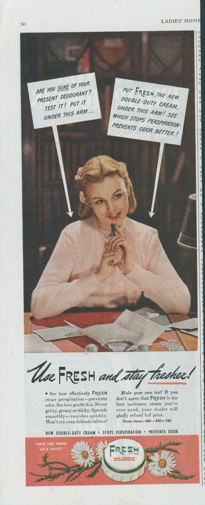 1944 Fresh Deodorant Double Duty Cream Test No Perspiration Odor Print Ad LHJ1