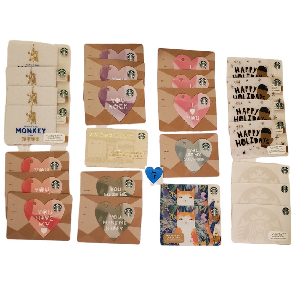 Starbucks Gift Card LOT 7 Die-Cut Hearts Cats Valentine Year Of Monkey 2016-image