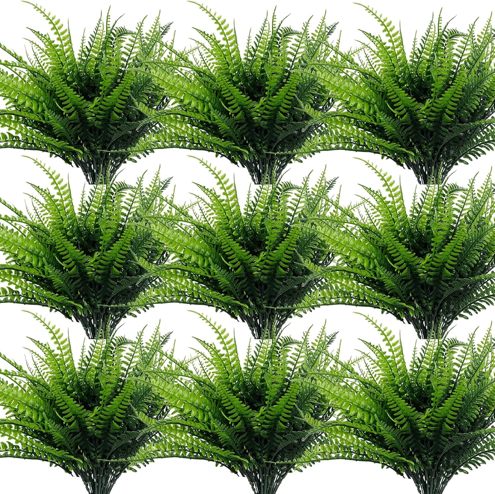 12 Bundles Fake Boston Fern Artificial Plants Outdoor Spring Decor, UV Resistant