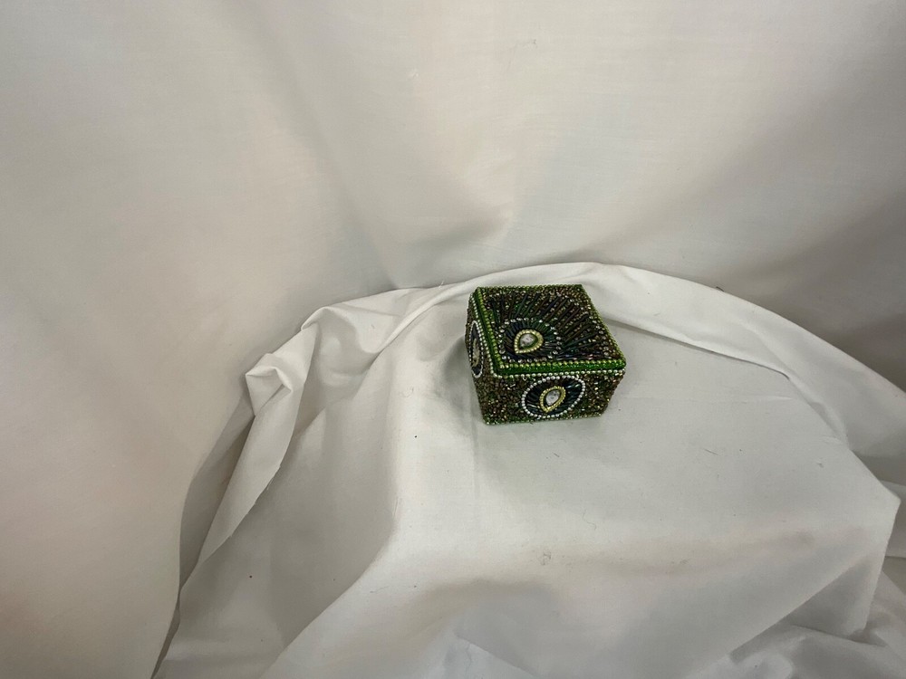 Green Peacock Feather Glitter Beaded Decorative Trinket Box