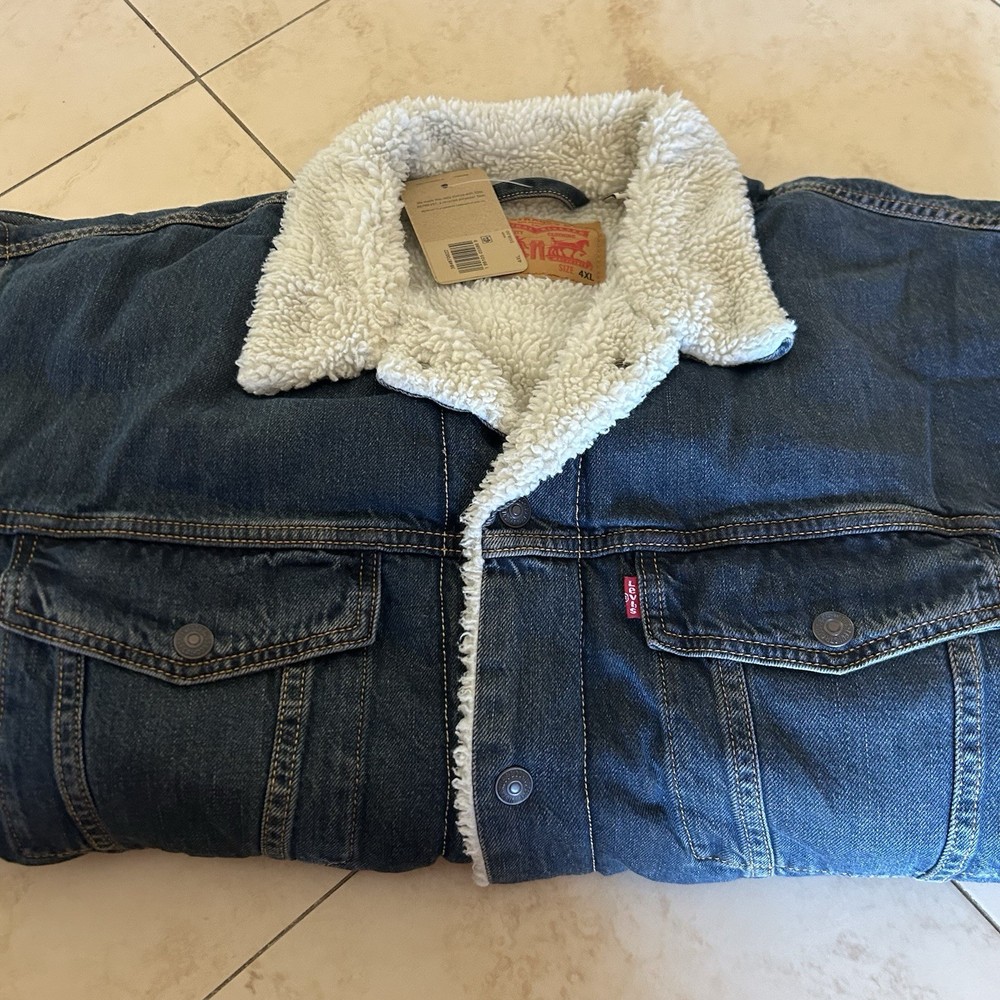 Levi's Trucker Denim Jacket Mens 4XL Dark Blue Sherpa Lined Front Big Tall