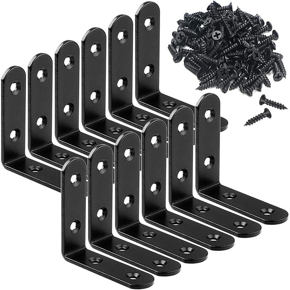 12Pcs Black Stainless Steel L Brackets 2.5 Inch Heavy Duty Shelf Corner Braces