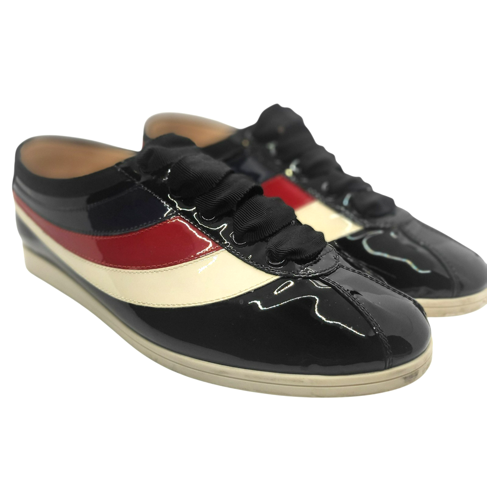 Gucci Men's Falacer Hebron Web Patent Leather Sneakers in Black Size 6.5 US