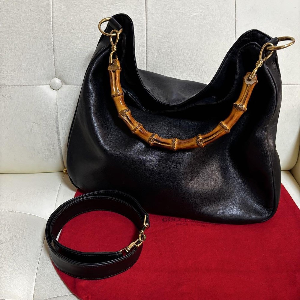 Vintage GUCCI Bamboo Large Black Shoulder Bag in Excellent Condition