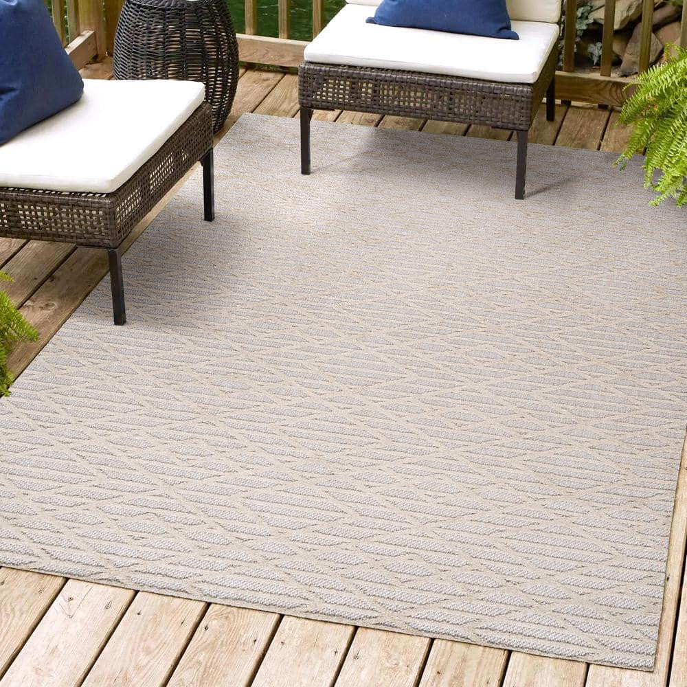 Ararat High-Low Pile Beige Moroccan Diamond Rug 8x10 Indoor Outdoor Modern Design