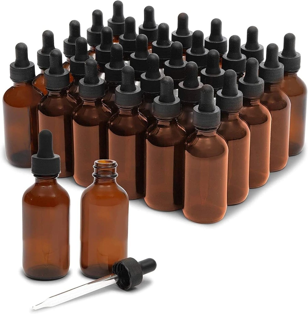 12/30-Pack 2 Oz Amber Glass Eye Dropper Bottles and 6 Funnels for Essential Oils