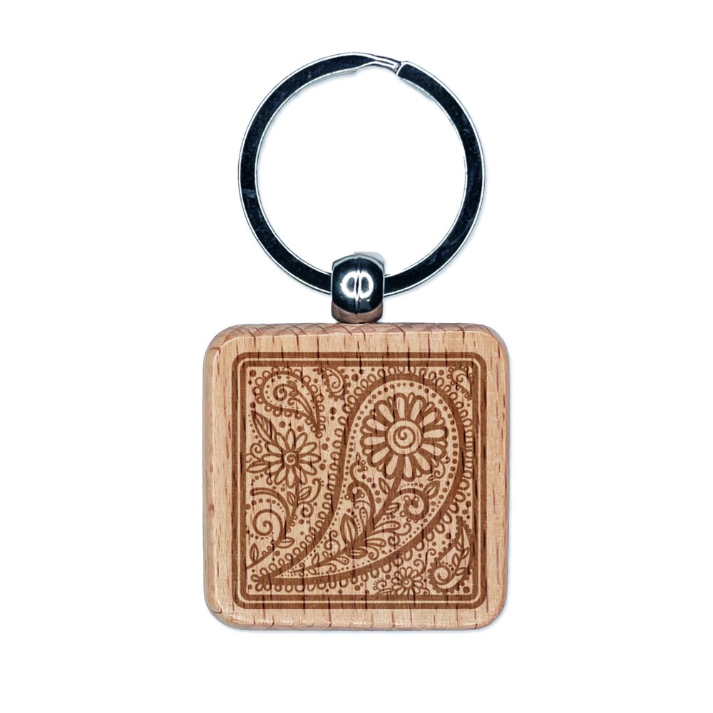 Floral and Swirly Paisley Square Engraved Wood Square Keychain Tag Charm